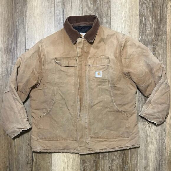 Vtg Carhartt C03 Quilt Lined Duck Canvas Chore Jacket Tan XXL Corduroy Collar - Picture 1 of 7